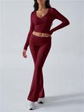 Red V Neck Knitted Crop Tops Two Pieces Casual Sports Pant Sets