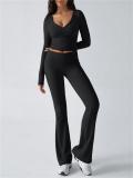 Black V Neck Knitted Crop Tops Two Pieces Casual Sports Pant Sets