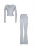Gray V Neck Knitted Crop Tops Two Pieces Casual Sports Pant Sets