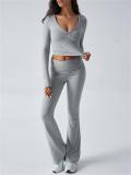 Gray V Neck Knitted Crop Tops Two Pieces Casual Sports Pant Sets
