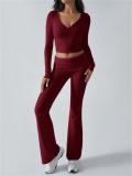 Red V Neck Knitted Crop Tops Two Pieces Casual Sports Pant Sets