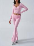 Pink V Neck Knitted Crop Tops Two Pieces Casual Sports Pant Sets