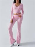 Pink V Neck Knitted Crop Tops Two Pieces Casual Sports Pant Sets