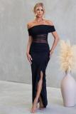 Black Off Shoulder Mesh Pleated See Through Ruffles Evening Elegant Long Dress