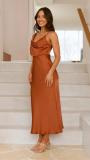 Brown Straps Low Cut Elegant Satin Sexy Prom Long Dress