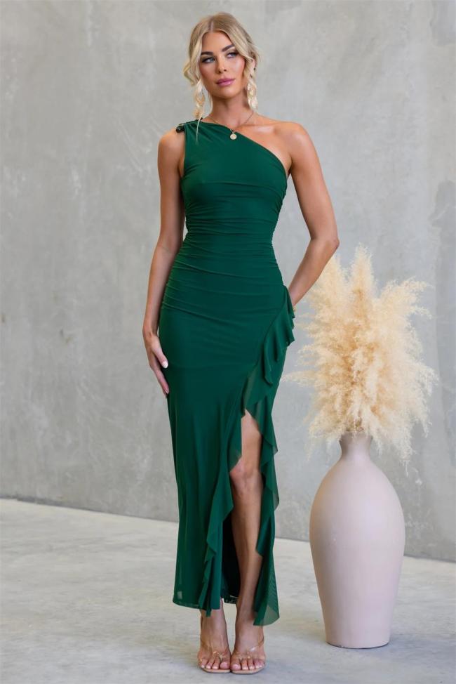 Green One Shoulder Mesh Ruffles Sexy Party Birthday Long Dress
