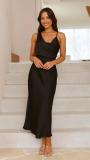 Black Straps Low Cut Elegant Satin Sexy Prom Long Dress
