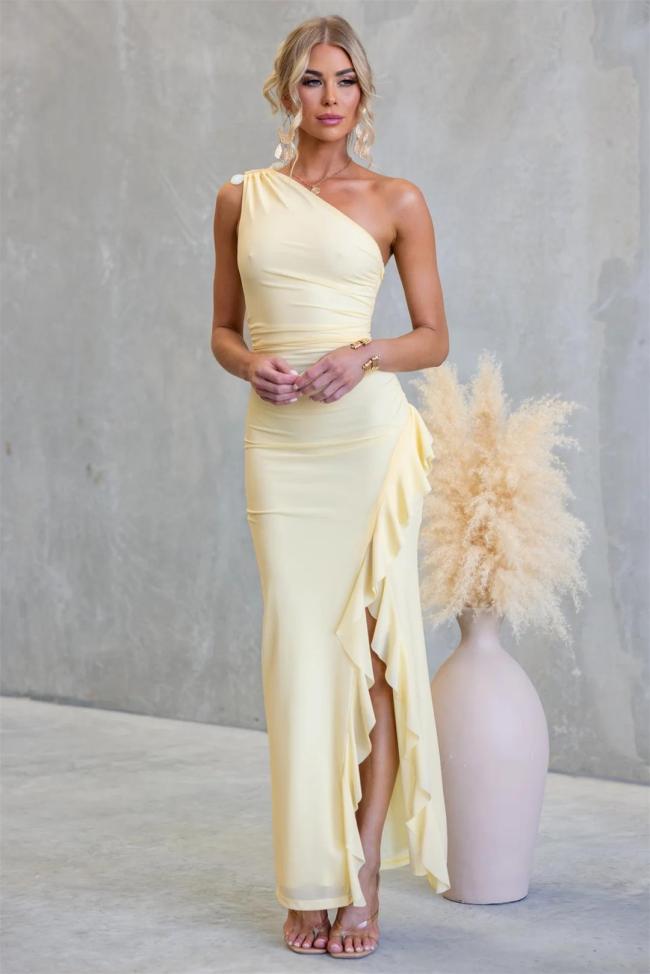 Yellow One Shoulder Mesh Ruffles Sexy Party Birthday Long Dress