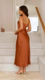 Brown Straps Low Cut Elegant Satin Sexy Prom Long Dress