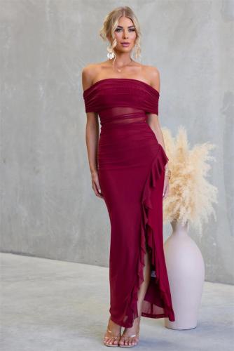 Wine Red Off Shoulder Mesh Pleated See Through Ruffles Evening Elegant Long Dress