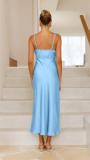 Blue Straps Low Cut Elegant Satin Sexy Prom Long Dress