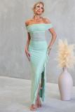 Light Green Off Shoulder Mesh Pleated See Through Ruffles Evening Elegant Long Dress