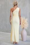Yellow One Shoulder Mesh Ruffles Sexy Party Birthday Long Dress