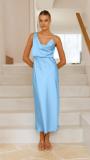 Blue Straps Low Cut Elegant Satin Sexy Prom Long Dress