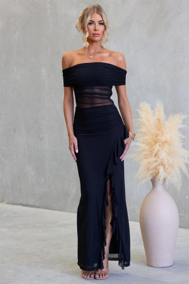 Black Off Shoulder Mesh Pleated See Through Ruffles Evening Elegant Long Dress