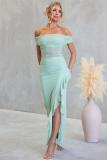 Light Green Off Shoulder Mesh Pleated See Through Ruffles Evening Elegant Long Dress