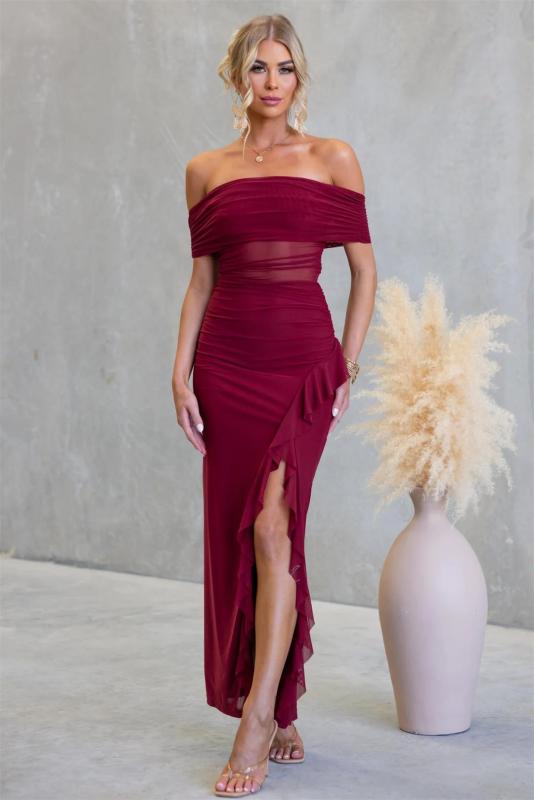 Wine Red Off Shoulder Mesh Pleated See Through Ruffles Evening Elegant Long Dress