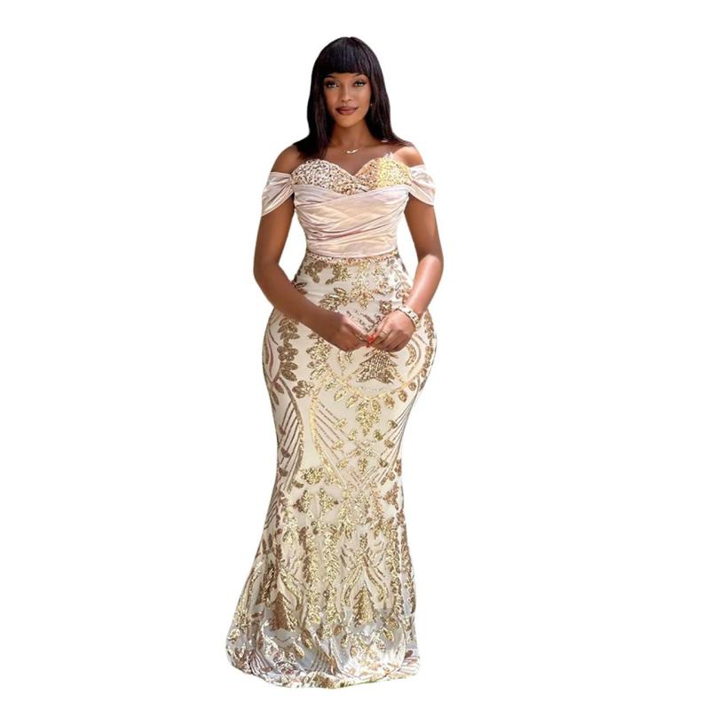 Apricot Off Shoulder Sequins Pleated Bodydcon Elegant Evening Formal Maxi Dress Gowns