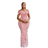 Pink Off Shoulder Sequins Pleated Bodydcon Elegant Evening Formal Maxi Dress Gowns