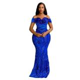 Blue Off Shoulder Sequins Pleated Bodydcon Elegant Evening Formal Maxi Dress Gowns