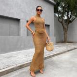 Brown Two Pieces Knitted Hollow Out Sleeveless Tassels Bodycon Skirt Dress