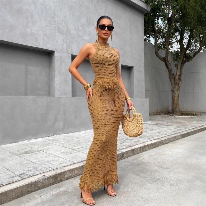 Brown Two Pieces Knitted Hollow Out Sleeveless Tassels Bodycon Skirt Dress