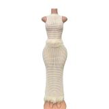White Two Pieces Knitted Hollow Out Sleeveless Tassels Bodycon Skirt Dress