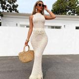 White Two Pieces Knitted Hollow Out Sleeveless Tassels Bodycon Skirt Dress