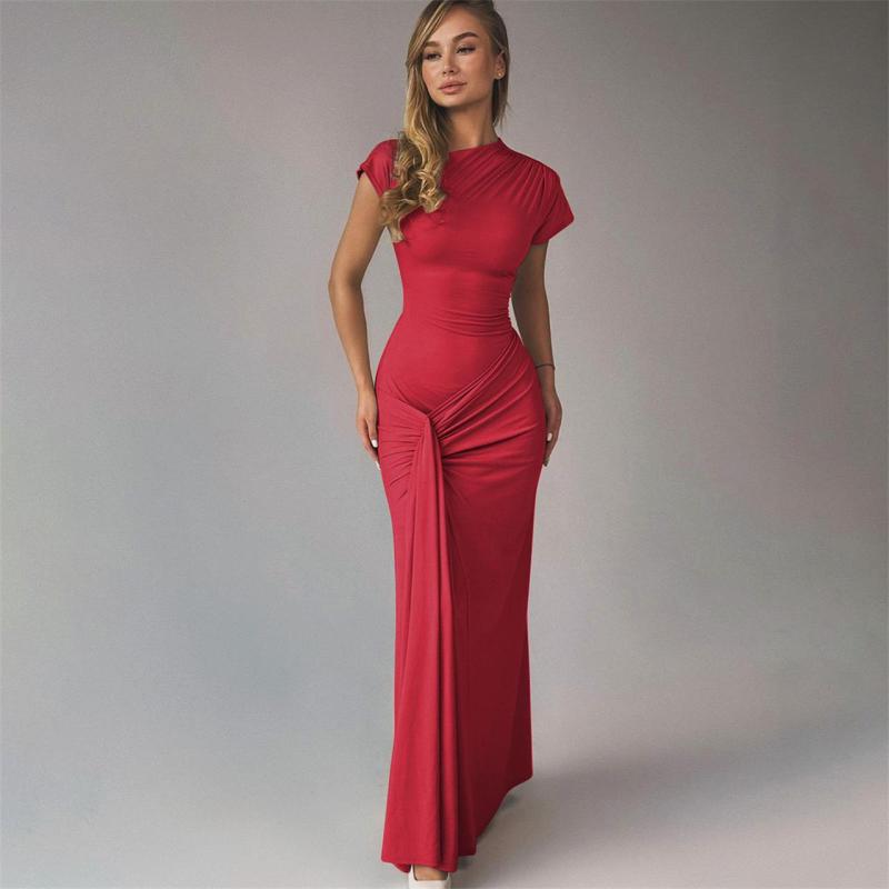 Red Short Sleeve O Neck Pleated Women Lace Up Party Prom Maxi Dress