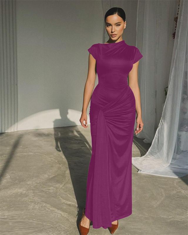 Purple Short Sleeve O Neck Pleated Women Lace Up Party Prom Maxi Dress