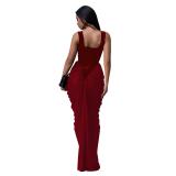 Red Straps Square Neck Pleated Women Evening Party Maxi Dress