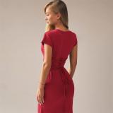 Red Short Sleeve O Neck Pleated Women Lace Up Party Prom Maxi Dress