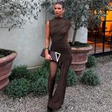 Brown Irregular O Neck Pleated Women Party Mini Dress