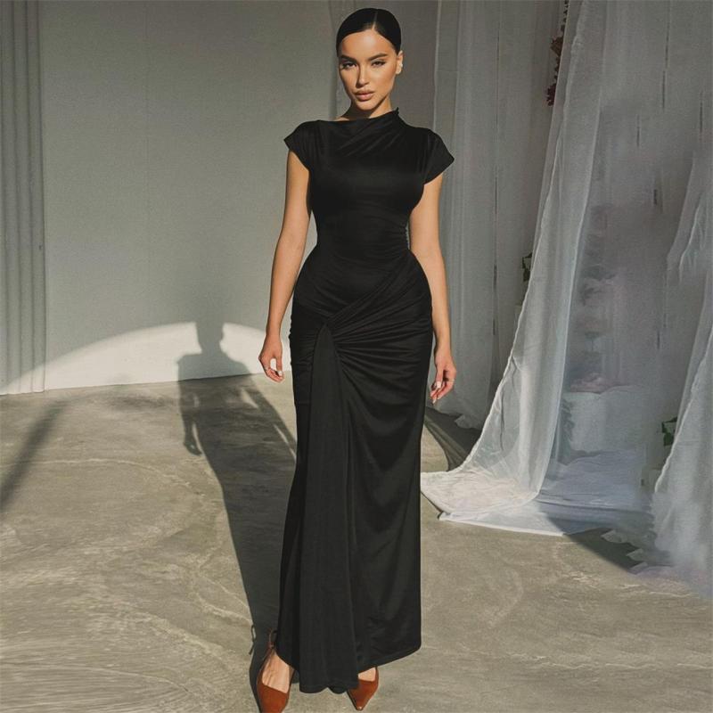 Black Short Sleeve O Neck Pleated Women Lace Up Party Prom Maxi Dress