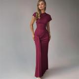 Claret Short Sleeve O Neck Pleated Women Lace Up Party Prom Maxi Dress