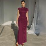 Claret Short Sleeve O Neck Pleated Women Lace Up Party Prom Maxi Dress