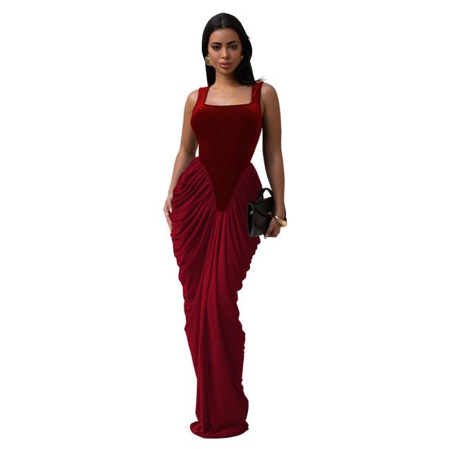 Red Straps Square Neck Pleated Women Evening Party Maxi Dress