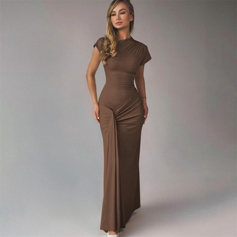 Brown Short Sleeve O Neck Pleated Women Lace Up Party Prom Maxi Dress