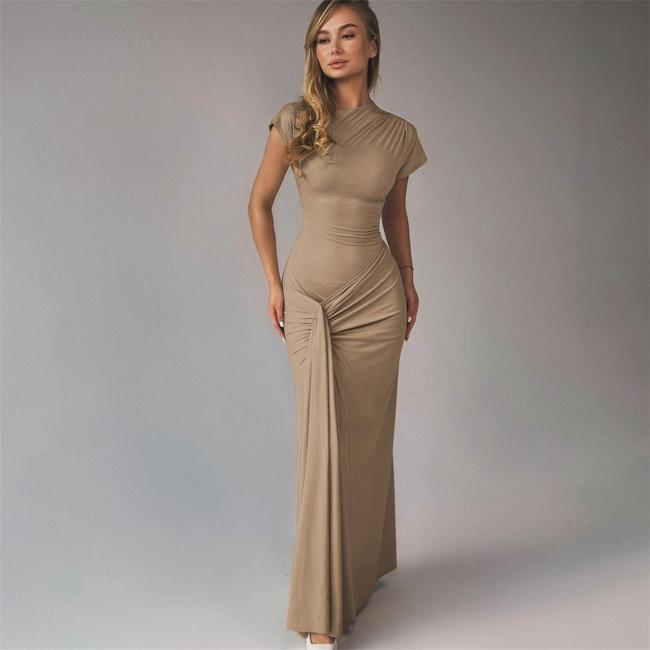 Khaki Short Sleeve O Neck Pleated Women Lace Up Party Prom Maxi Dress