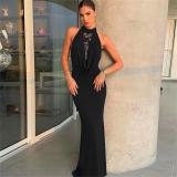 Black Halter Neck Lace Deep V Neck Luxury Wedding Formal Dress