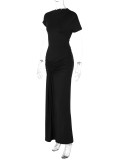 Black Short Sleeve O Neck Pleated Women Lace Up Party Prom Maxi Dress