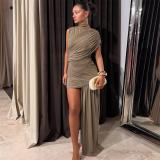 Khaki Irregular O Neck Pleated Women Party Mini Dress