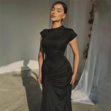 Black Short Sleeve O Neck Pleated Women Lace Up Party Prom Maxi Dress