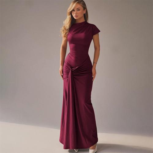Claret Short Sleeve O Neck Pleated Women Lace Up Party Prom Maxi Dress
