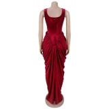Red Straps Square Neck Pleated Women Evening Party Maxi Dress