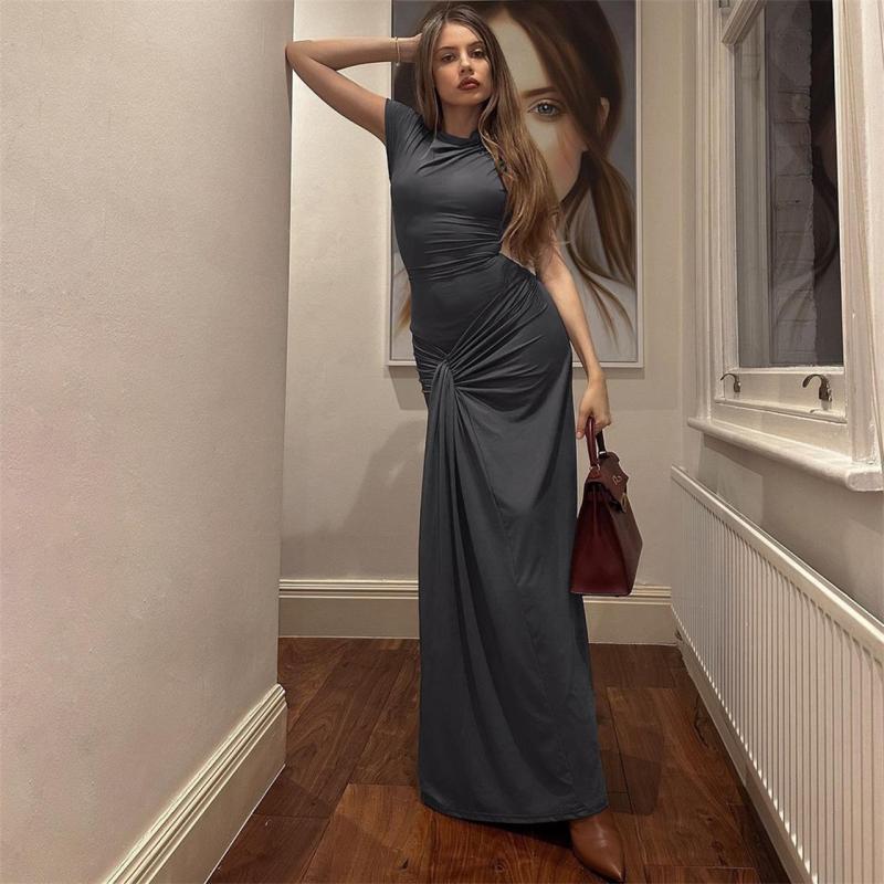 Dark Gray Short Sleeve O Neck Pleated Women Lace Up Party Prom Maxi Dress
