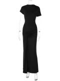 Black Short Sleeve O Neck Pleated Women Lace Up Party Prom Maxi Dress