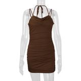 Brown Off Shoulder Straps Sexy Pleated Bodycon Mini Club Dress