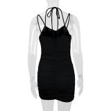 Black Off Shoulder Straps Sexy Pleated Bodycon Mini Club Dress