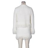 White Two Pieces Knitted Sweater Tassels Hollow Sexy Skirt Sets